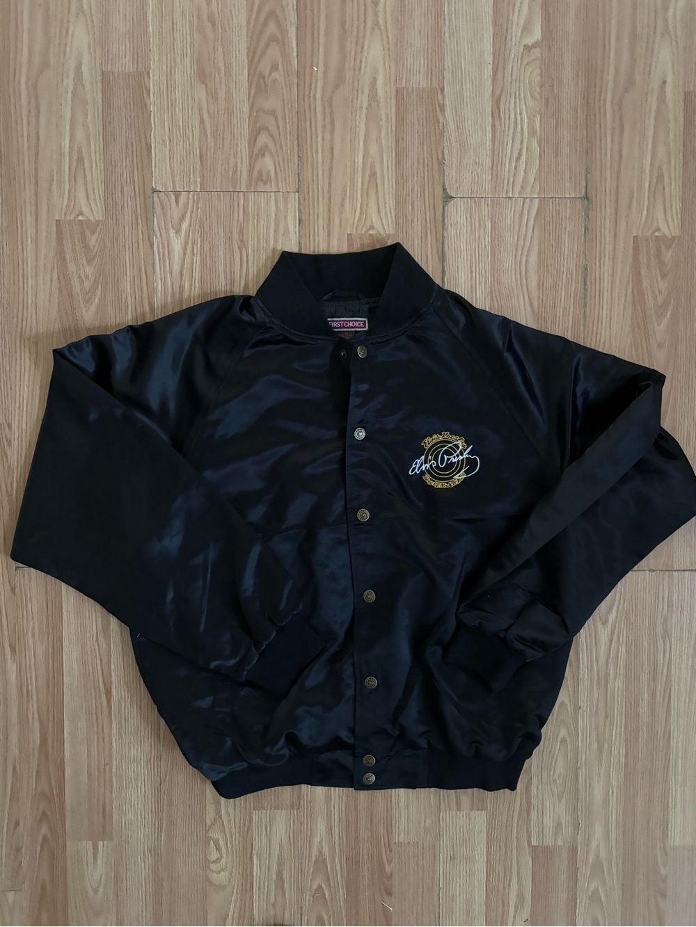 First Choice Elvis Men's Black Satin Bomber Jacket with Embroidered Crest
